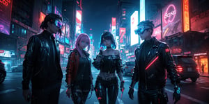 In a neon-lit, perfect body composition, futuristic cityscape, a cyber-enhanced individual, Their glowing tattoos and neon hair stand out in the vibrant, technologically advanced world. The intricately detailed cyber-eyes peer into the augmented reality interface, while the holographic display showcases their cybernetic implants. Dressed in a leather jacket, off-shoulder, adorned with high-tech accessories, they exude a sense of style and power. Reflective surfaces capture the neon reflections, and dramatic lighting enhances the sci-fi aesthetic. Their appearance is a masterpiece of futuristic fashion and cybernetic enhancements.,fate/stay background,perfect light