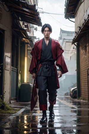 A mix between a modern soldier and a samurai in a rainy alley