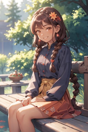 Masterpiece, best quality,ultra detailed, 1girl, sitting, solo, smile, jewelry, looking at viewer, red nails, long hair, earrings, hair ornament, brown hair, teeth, tree, skirt, long sleeves, flower, blurry background, dress, shiny, braid, ribbon,More Exposure,drk skin,dark_skin_female