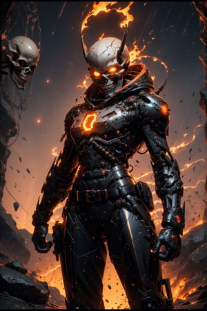 one woman, ((evil skull head with sharp teeth)), fire-around, rocks, ruins, red-eyes, eyes-glowing, top hat, rain-fire, fire around her, epic anime art, thin waist, beautiful figure, wide hips, sexy, teen, belts, holster, crop top, (best quality, ultra quality), detailed face, detailed eyes, cute eyes, perfect lighting, HD, 8k, glossy skin, masterpiece, digital art, intricate details, highly detailed, volumetric lighting, background detiled, ue5, unreal engine 5, artstation, trending on artstation, post processing, line art, tiny details, colorful detailed illustration, outer_space 1960s, cinematic, multiple light sources, sunset,r1ge,Mecha warrior