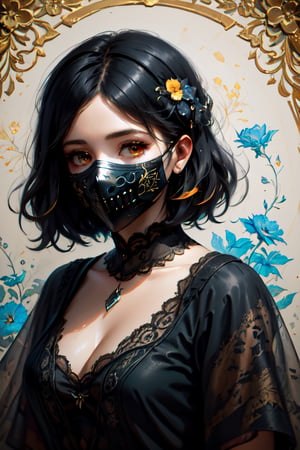 a woman, short black hair, shabby chic wallpaper, vintage paper, faded ink splash, flower drawing, whimsical, sharp focus, contour, intricately detailed, unreal engine, fantastical, complementary colors, oil painting, heavy strokes, paint dripping, dreamy, highly realistic, fantasy concept art, 16k resolution, HW*,Ghost mask