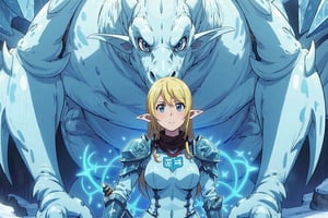 Cowboy shot, break ,Tuka_Luna ,woman ,blonde hair, solo, blue eyes, long hair, pointy ears, elf, Break, 
A woman surrounded by a majestic ice dragon. Her body is covered with ice armor that is organically formed, and she holds an ice sword in her hand. On its stomach, blue runes glow that seem to have magical power. The scene is a mix of fantasy and action, with a "cowboy shot" style that emphasizes the girl's heroics. The ice dragon in the background adds a touch of drama and danger to the image
