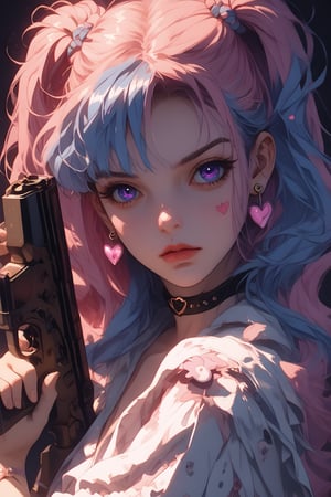 score_9, score_8_up, score_7_up BREAK 1girl, pink hair, weapon, solo, stuffed toy, looking at viewer, holding, stuffed animal, jewelry, black background, earrings, gun, holding weapon, multicolored hair, purple eyes, long hair, parted lips, short sleeves, collar, choker, twintails, upper body, lips, heart, shirt, white shirt, blue hair, holding gun, collarbone, simple background, blue eyes, stuffed cat, black choker, puffy short sleeves, rifle, eyelashes, puffy sleeves, frills BREAK Pg_style,Magic Style