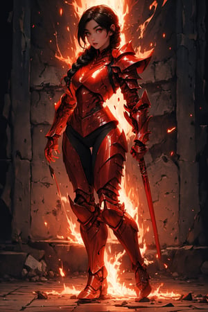 Beautiful 27 year old woman, ((red glowing eyes)), ((strong physique body)), (black hair), long_hair: 1.3, hair braid, bangs, serious look, hourglass body shape, detailed eyes, normal breasts quality, slim waist, (((strong physique body))), upper body knight armor, gauntlets, (detailed armor), lower body armor, broken stone floor, broken stone wall, fire surrounding, ((full-body_portrait)),worldoffire