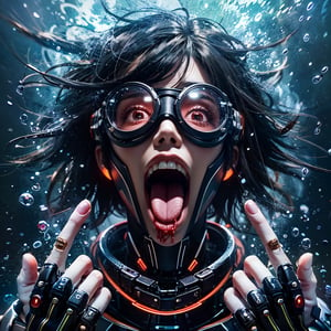 (super detailed), (beautiful background, detailed background),create it in a style ultrarealistic IMAX, Cinematic 24k, UHD-HDR 3D render, solo, 1girl, black hair, open mouth, realistic, 1boy, underwater, male focus, goggles, tongue, teeth, air bubble, looking at viewer, bubble, gloves, water, helmet, blood, traditional media, science fiction, abstract, long hair, short hair, shirt, tongue out, robot, upper body, painting \(medium\)