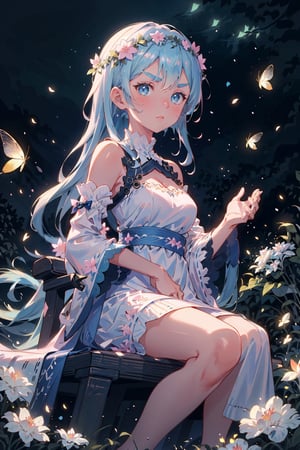 1girl, solo, blue eyes, dress, long hair, flower, looking at viewer, petals, wide sleeves, blue hair, sitting, head wreath, bangs, bare shoulders, pink flower, closed mouth, v-shaped eyebrows, detached sleeves, long sleeves, white dress, blurry, dutch angle, throne, breasts,firefliesfireflies