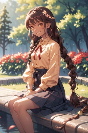 Masterpiece, best quality,ultra detailed, 1girl, sitting, solo, smile, jewelry, looking at viewer, red nails, long hair, earrings, hair ornament, brown hair, teeth, tree, skirt, long sleeves, flower, blurry background, dress, shiny, braid, ribbon,More Exposure,drk skin,dark_skin_female