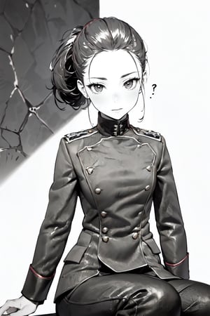 (super detailed), (beautiful background, detailed background),1girl, (Chignon Hair) ,small breasts, monochrome, greyscale, female focus, (military general uniform), sitting, war,manly,holding , light ,WW,Uniform