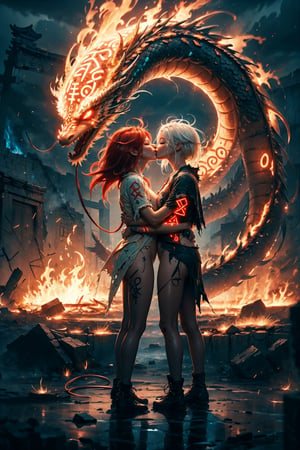 best quality, extremely detailed, area lighting in background, HD, 8k, extremely intricate:1.3), realistic, ((2girls)), (( white hair glowing)), (( red hair glowing)), ((huging and kissing)), ((closed eyes)), glowing ruin on chests, ancient temple ruins and a ((fire dragon)) in the background, night light, atmosphere mystery ,Circle,GlowingRunes_,magical circle, nude, ((ripped clothes)), close face view, 6000, japanese_clothes ,long, 