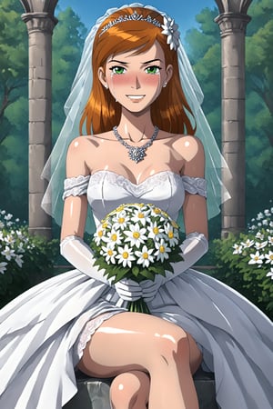 score_9, score_8_up, score_7_up, source_cartoon ,jkj,1girl,Gwenalienforce,green eyes, solo, long hair, orange hair,Black eyebrows, crossed legs,toothy smile 
Break 
looking at viewer, shy, blush, BREAK wedding dress, breasts, flower, solo, dress, gloves, open mouth,smile, grin,crying, holding bouquet,white dress, elbow gloves, collarbone, hair ornament, hair flower, white flower, veil, bridal veil, necklace, white gloves, bangs, jewelry, outdoors, blush, day, petals, sky, shiny hair, off shoulder, shiny, blue sky, church, bare shoulders, off-shoulder dress,garden,cowboy shot,closed eyes, crying, tears,beautiful forest, flowers background, shiny skin, glossy skin, detailed skin 