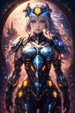 (full shot:1.5),(masterpiece:1.2), best quality,fantasy,Ultra-detailed,very detailed illustrations,extremely detailed,intricate details,highres,super complex details,extremely detailed 8k cg wallpaper,cowboy shot, caustics,reflection,ray tracing,demontheme,nebula,dark aura,cyber effect, (1girl:1.4),solo,alone,mecha musume,mechanical parts, robot joints,single mechanical arm, headgear, mechanical halo,star halo,intricate mechanical bodysuit, mecha corset, full armor, very long hair,white hair, hair between eyes, multicolored hair, colored inner hair, red eyes,glowing eye,eye trail, random expressions,random action, ancient japanese architecture,pond, starry sky,skyline, ,(HDR:1.4) ,CyberMechaGirl,More Detail