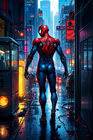 1man (full_body, muscular_body, detailed, (he is wearing a full body suit that is dark_blue and has a round red symbol on his back and has a minimalistic design), (he is wearing a mask that covers his entire head and face), peter_parker, spider-man), 1robot(a big a futuristic robot, the robot is destroying the city in the background),the scene is situated in new york city, the man is viewed from behind