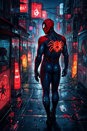 1man (full_body, masculine_body, muscular_body, detailed, (he is wearing a full body suit that is dark_blue and has a round red symbol on his back and has a futuristic minimalistic design), (he is wearing a mask that covers his entire head and face), peter_parker, spider-man, (he is walking)),the scene is situated in new york city, the man is viewed from behind