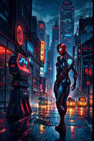 1man (full_body, masculine_body, muscular_body, detailed, (he is wearing a full body suit that is dark_blue and has a round red symbol on his back and has a minimalistic design), (he is wearing a mask that covers his entire head and face), peter_parker, spider-man), 1robot(a big a futuristic robot, the robot is destroying the city in the background),the scene is situated in new york city, the man is viewed from behind