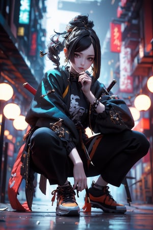 (masterpiece:1.2), best quality,cg,3d, Samurai girl,1girl, solo, sneakers, black hair, shoes, squatting, jacket, blurry, holding, pants, earrings, long sleeves, holding sword, black pants, blue jacket, holding sheathed katana sword, blurry background, bag, depth of field, closed mouth, full body, reflection, looking at viewer, chiori gi
