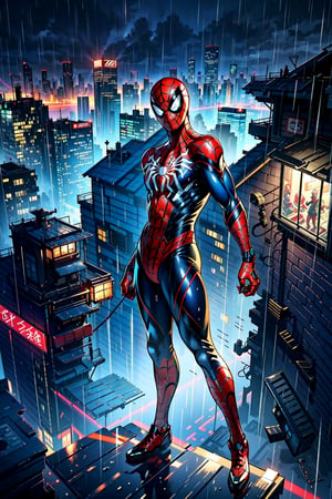 1man, full_body, black_hair, masculine_face, male_face, masculine_body, male_body, very_short_hair, mature, red_eyes, smirk, laugh, detailed, detailed_face, (he is wearing a spider-man 2099 suit that is dark_blue and has a round red spider/crab -symbol on his chest and has a minimalistic futuristic design), (he is holding his spider-man_mask with his hand), relaxed_arms, dark_lighting, (he is standing on a roof top of the highest building of the city, looking_towards_the_viewer, he is viewed from the side, rain_clouds, detailed, dark_lighting, dark_sky, night_sky, night, (there is a lot of rain), focus_on_face, face_close_up, teenager in his 20s, gloomy, demon_eyes, dystopian_skyline in the background but the view is from above, Kamado_Nezuko, Muzan_Kibutsuji, peter_parker,cyberpunk