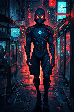 1man (full_body, masculine_body, muscular_body, detailed, (he is wearing a full body suit that is dark_blue and has a glowing red spider symbol on his back and has a futuristic minimalistic design), (he is wearing a mask that covers his entire face, he is standing and looking towards the viewer)),the scene is situated in new york city