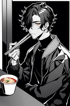 masterpiece, in the style of a digital manga, high contrast, sitting, sitting at table, eating ramen noodles, holding chopsticks, a young man in long black winter coat, long black winter coat, black sweater underneath, (black coat), (He has a thin, tall build, light skin, and a handsome face, with light brown eyes and a thin nose. He has curly, raven black hair that parts just above his left eye and curls a few inches below the nape of his neck.), black letterman jacket
,outline,xlinex