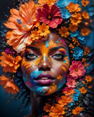 (masterpiece), high detailed, ultra realistic, 
face of a young black african 30yo woman, black skin, painted face, blue eyes, dark lips, orange eyeshadow, soft light, flat light, matt colors, film grain, noise,
completly framed by flowers, and blossom. various colours, 
plain solid black background, ,Leonardo Style,more detail XL