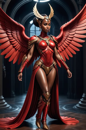 (((iconic,futuristic-sci-fi but extremely beautiful),  pea red)
(((intricate details, masterpiece, best quality)))
(((Wide angle, full body shot, profile view)))
(((dynamic pose, looking at viewer))) 
erotic armor, angel wings, 
black skinned african girl,large rounded breast 32F,breasts out, nipples visible, erected nipples,  ,Seraphim, cyborg style