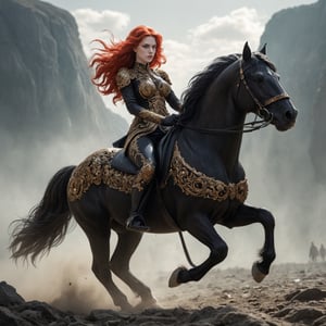 full shot of a woman dressed in demon attire, riding a black horse, in the style of light gray and light gold, red hair, full body vibrant illustrations, intricately sculpted, realistic hyper-detailed portraits, white and amber, queencore, depicts real life, detailed background landscape 
