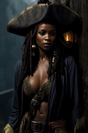 from pirates of the caribbean ,,  photo of a gorgeous black woman, dark-skinned goddess,Pirates of the Caribbean