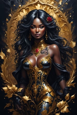 High resolution, high resolution, 8K Ultra HD, exquisite ink painting, nude black skinned woman, hourglas body, dynamic pose, impressionism, beautiful face, perfect face, large rounded breasts 32D, shaved pussy, exposed vagina, hourglass_figure, thighs, voluptuousness and beautiful flowers are seamlessly fused,
Deep black shades , dark red, and gold ink come together to form a complex shape,
A pattern that captures the essence of the grace and strength of her feathers, deep red flowers, gold leaves, black roses, and thorny vines that envelop her (Fractal Art1.5),backgrund on canvas with broken glas, fracments of paint, art style luis royo, inspired by michelangelo and botticelli, painting,oil paint ,Gold Edged Black Rose,DonML1quidG0ldXL ,ink ,3D MODEL,style,art_booster