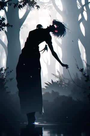 White hair, black lips,  red eyes, black dress, demon wings, athletic body, swamp, forest, dense fog, ((holding a crow)), full body view,	 SILHOUETTE LIGHT PARTICLES