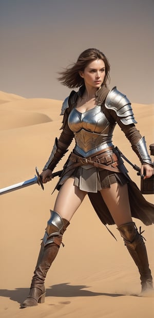 high-level image quality、Camera image quality、Masterpiece、1womanl、A warrior、Brown hair short、With a short sword、A desert、Fine scratches on the body、Leather armor,