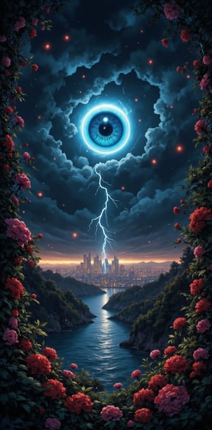 "Ethereal Eye in the Storm": Create a scene with a close-up of a radiant, blue eye emerging from stormy clouds. Surround the eye with intricate vines, adorned with blooming red and pink flowers, and glowing green leaves. In the background, a bustling, golden-lit cityscape emerges from the dark, rolling clouds, while a bolt of lightning cuts through the scene, splitting the sky in half. Small luminous particles float in the air, giving a sense of otherworldly magic. The scene should blend natural and urban elements seamlessly, creating a mystical yet contemporary atmosphere.