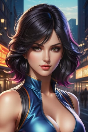 photo realistic, full body (Sarah Jordan), dressed in a very tight king of fighters characters  Shermie suit, black hair, long wavy hair (tetradic colors), no mask, night city background, inkpunk, full shot, cel-shading style, centered image, ultra detailed illustration, ink lines, strong contours, art nouveau, MSchiffer art, bold strokes, no frame, high contrast, cellular shading, vector, 32k resolution, best quality, procreation, watercolor technique, poster design, 300dpi, soft lighting, ethereal art, mysterious and serene expression, charming atmosphere, bokeh, photography, 8k, dark and dynamic action, pale faded style, dreamy nostalgic, soft focus, dark vignetting, light leaks, medium photography, art painting of shadows, ethereal photography, whimsical and rough grain