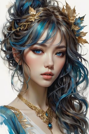 Beautiful sexy Japanese elf girl, concept art, 8k intricate details, surreal fairytale style, head tilt, upper body, oversized detailed {blue|haze|} eyes, looking down, seductive, textured hair, simple {charcoal|white} background, soft muted pastel colored pencil illustration, intricate gold filigree necklace, from side, multicolored {brown|black|white} hair, wispy curled hair, style of Carne Griffiths, (unfinished sketch), extremely high detail,midjourney,1 girl,Mysticstyle