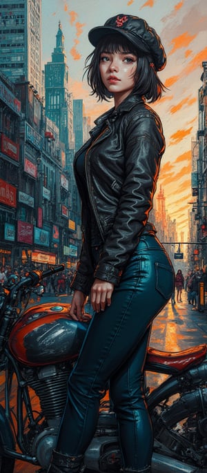 A stunning hyper-realistic charcoal artwork by Sasan, showcasing Maeve, a 18-year-old woman with dark hair and a newsboy cap. She is casually posed with a half-cut leather jacket, leaning on her motorcycle. The background features a captivating cityscape with towering buildings, creating a dynamic contrast between the subject and the urban environment. The artwork is enriched with oil varnish, showcasing deep and rich colors, and pays homage to the beauty of nature through a print collage of a woman's face in the style of Josef Kote, Grunge Beauty, Dain Yoon, and Cyan and Blue. The multi-layered composition and Antonio Mancini's influence result in a captivating and thought-provoking piece, displayed on a sustainable black iron panel. The charcoal sketch invites viewers. 