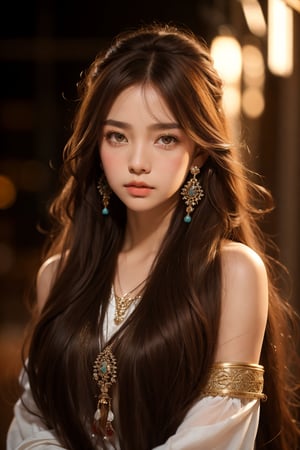  sdmai, fanhua, 1girl, solo, long hair, jewelry, earrings, looking at viewer, blurry, lips, realistic, brown hair, hoop earrings, depth of field, brown eyes
