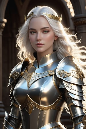 A regal female knight stands tall, her long white hair cascading down the curves of her pale skin. Green eyes gleam with an angelic intensity, set amidst symmetrical features that are at once thin and narrow yet exquisitely detailed. Finely crafted light silver armor glistens with gold accents, a testament to the highest quality craftsmanship. A long sword rests confidently by her side as she stands full-length in cinematic 8k resolution. Photorealistic lighting casts dramatic shadows, accentuated by real-world reflectivity and soft illumination. The camera's depth of field brings her into sharp relief against a dark background, rendered with movie-quality RTX tracing and VFX post-production expertise.