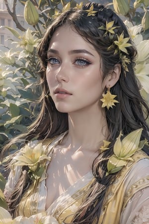 (Cinematic lighting, bloom), (outdoor), (Best Quality, Masterpiece, high resolution), (beautiful and detailed eyes), (realistic detailed skin texture), (detailed hair), (realistic light and detailed shadow), (real and delicate background), (half body), 1girl, A lady with long black hair, hair flower, earrings, chinese style Clothing, ancient cheongsam, Collarbone, Disgusted Scowl, parted lips, Transparent watercolor, ((yellow lily)), mucha art style,ancient_beautiful,better_hands