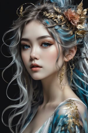 Here is a prompt for an SD model to generate the desired image:

A mystical Japanese elf girl with porcelain skin and wispy, curly brown-black-white hair styled like Carne Griffiths' work. She wears a simple charcoal-white background, gazing down with oversized blue haze eyes that seem to hold secrets. Her textured tresses cascade down her back, adorned with intricate gold filigree jewelry. The side view framing highlights the curves of her upper body, while the soft pastel pencil illustration style and midjourney's 8k resolution bring forth a dreamlike quality.