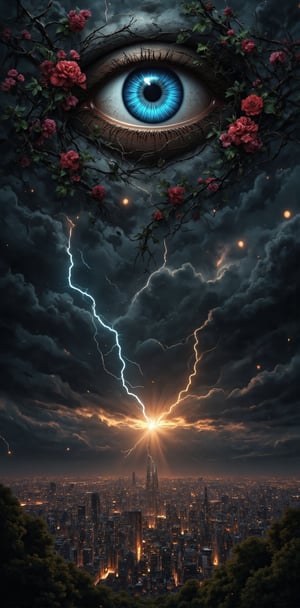 "Ethereal Eye in the Storm": Create a scene with a close-up of a radiant, blue eye emerging from stormy clouds. Surround the eye with intricate vines, adorned with blooming red and pink flowers, and glowing green leaves. In the background, a bustling, golden-lit cityscape emerges from the dark, rolling clouds, while a bolt of lightning cuts through the scene, splitting the sky in half. Small luminous particles float in the air, giving a sense of otherworldly magic. The scene should blend natural and urban elements seamlessly, creating a mystical yet contemporary atmosphere.