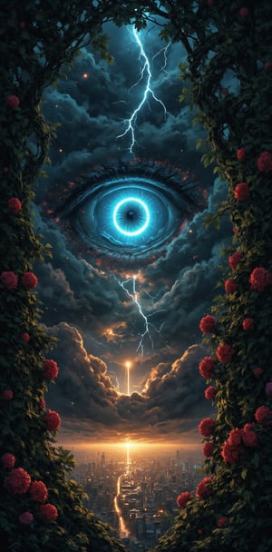 "Ethereal Eye in the Storm": Create a scene with a close-up of a radiant, blue eye emerging from stormy clouds. Surround the eye with intricate vines, adorned with blooming red and pink flowers, and glowing green leaves. In the background, a bustling, golden-lit cityscape emerges from the dark, rolling clouds, while a bolt of lightning cuts through the scene, splitting the sky in half. Small luminous particles float in the air, giving a sense of otherworldly magic. The scene should blend natural and urban elements seamlessly, creating a mystical yet contemporary atmosphere.