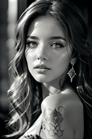 female, fantasy, beauty, in the style of noir comic art, realistic hyper-detailed portraits, tattoo, black and white grayscale, chicano art, realistic yet romantic, flowing lines --ar 23:36 --stylize 750 --v 6,WOWAI
