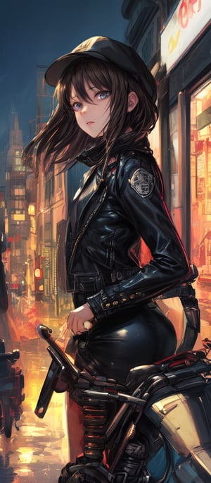 A stunning hyper-realistic charcoal artwork by Sasan, showcasing Maeve, a 18-year-old woman with dark hair and a newsboy cap. She is casually posed with a half-cut leather jacket, leaning on her motorcycle. The background features a captivating cityscape with towering buildings, creating a dynamic contrast between the subject and the urban environment. The artwork is enriched with oil varnish, showcasing deep and rich colors, and pays homage to the beauty of nature through a print collage of a woman's face in the style of Josef Kote, Grunge Beauty, Dain Yoon, and Cyan and Blue. The multi-layered composition and Antonio Mancini's influence result in a captivating and thought-provoking piece, displayed on a sustainable black iron panel. The charcoal sketch invites viewers. 