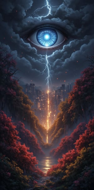 "Ethereal Eye in the Storm": Create a scene with a close-up of a radiant, blue eye emerging from stormy clouds. Surround the eye with intricate vines, adorned with blooming red and pink flowers, and glowing green leaves. In the background, a bustling, golden-lit cityscape emerges from the dark, rolling clouds, while a bolt of lightning cuts through the scene, splitting the sky in half. Small luminous particles float in the air, giving a sense of otherworldly magic. The scene should blend natural and urban elements seamlessly, creating a mystical yet contemporary atmosphere.