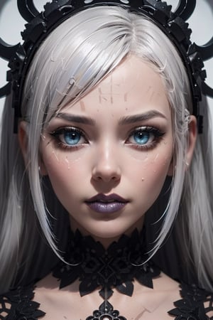 (Black and white, intricate details, close-up of a woman's face with an intricate design, 3DCGI anime fantasy artwork, necro, detailed patterned skin, abstract fragments, impressive eyes, mixed media, 3D rendering Silver painting, symmetrical beauty, ambient occlusion rendering, psytrance), Detailed Textures, high quality, high resolution, high Accuracy, realism, color correction, Proper lighting settings, harmonious composition, Behance works girl,goth person