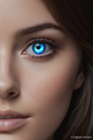Close-up of a woman's face with only the right side illuminated. The woman has blue eyes and brown hair. The left side of her face is shrouded in darkness, with text DIGITALDREAM's vertically aligned along the center.