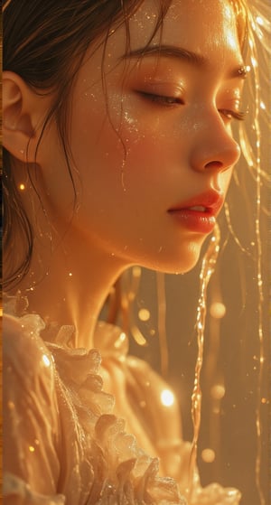 "In a warmly lit room, a woman in a simple white dress leans forward as a thin stream of water cascades in front of her face. Her expression is serene, eyes closed, as golden rays of sunlight highlight the water droplets, giving them an almost ethereal glow."
"A soft-focus portrait of a woman in a delicate blouse, standing still as water flows down her cheek. The light around her is a blend of golden and amber, enhancing the warmth of her expression and the gentle texture of her skin. A few strands of hair cling to her wet forehead."