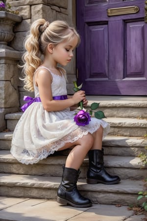 Fantasy colored sketch and alcohol ink. Side view of a beautiful little girl with long, curly blonde hair in a bun, wearing a white lace dress and boots, holding a purple rose and sitting on the stone steps in front of a door. The bokeh features the beautifully intricate black railing of the stone stair handrail.