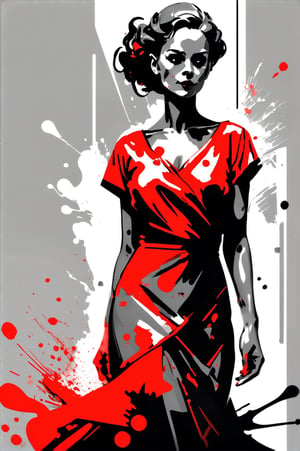 An artistic portrait of a woman with a dark grayscale color palette, accented with selective splashes of red. The woman has a flowing dress and has a relaxed posture with her head tilted upwards. {randomly selected artist). The red accents should have a chaotic, splattered effect, suggesting motion and emotion. 