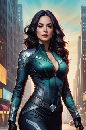photo realistic, full body (Sarah Jordan), dressed in a very tight Rogue x man suit, black hair, long wavy hair (tetradic colors), no mask, night city background, inkpunk, full shot, cel-shading style, centered image, ultra detailed illustration, ink lines, strong contours, art nouveau, MSchiffer art, bold strokes, no frame, high contrast, cellular shading, vector, 32k resolution, best quality, procreation, watercolor technique, poster design, 300dpi, soft lighting, ethereal art, mysterious and serene expression, charming atmosphere, bokeh, photography, 8k, dark and dynamic action, pale faded style, dreamy nostalgic, soft focus, dark vignetting, light leaks, medium photography, art painting of shadows, ethereal photography, whimsical and rough grain