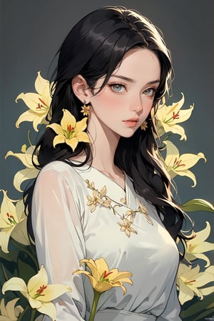(Cinematic lighting, bloom), (outdoor), (Best Quality, Masterpiece, high resolution), (beautiful and detailed eyes), (realistic detailed skin texture), (detailed hair), (realistic light and detailed shadow), (real and delicate background), (half body), 1girl, A lady with long black hair, hair flower, earrings, chinese style Clothing, ancient cheongsam, Collarbone, Disgusted Scowl, parted lips, Transparent watercolor, ((yellow lily)), mucha art style,ancient_beautiful,better_hands
