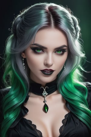 Dark mysterious vampire woman with fangs , with green hair, black shirt and grey eyes,

